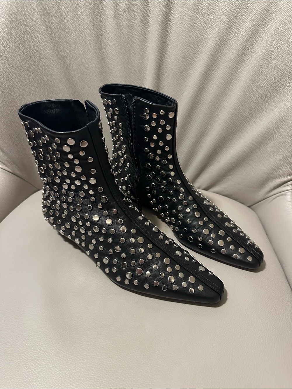STAUD Black Leather Rivet Studded Ankle Boots